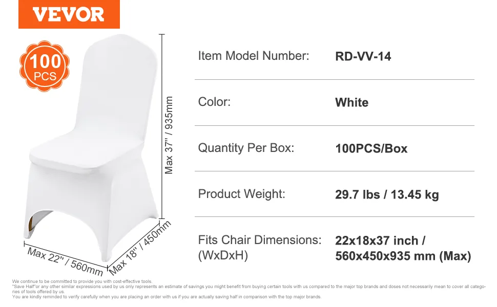 VEVOR Stretch Spandex Folding Chair Covers 100 PCS White-Arc feature 4