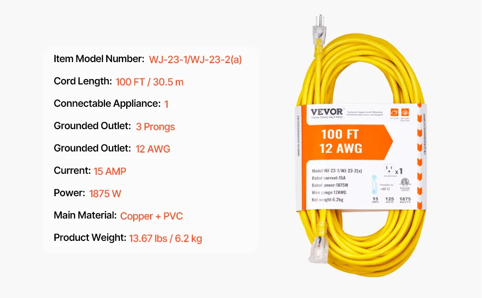 VEVOR 100FT Heavy Duty Extension Cord 12 AWG feature 5