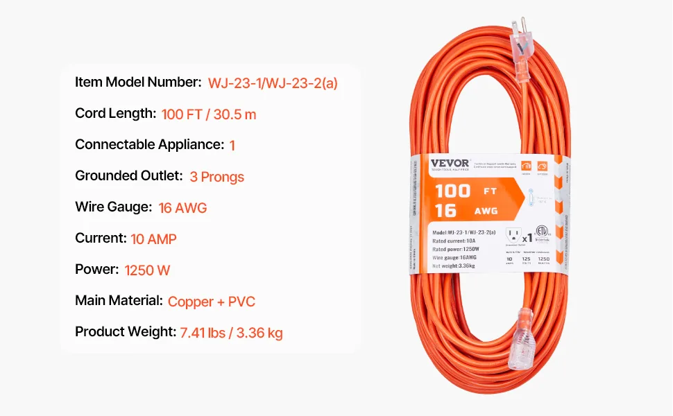VEVOR 100FT Indoor Outdoor Extension Cord 16 AWG feature 5