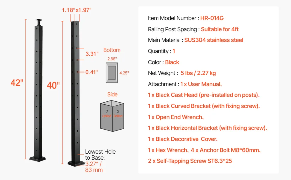 VEVOR 42x1x2 cable railing post installation and package