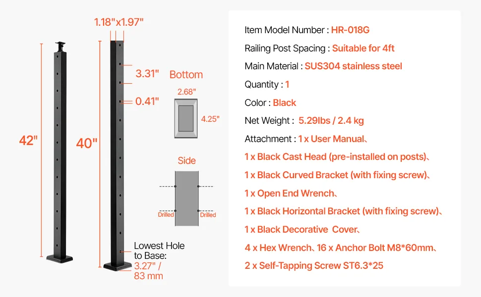 VEVOR 42x1x2 cable railing post overview