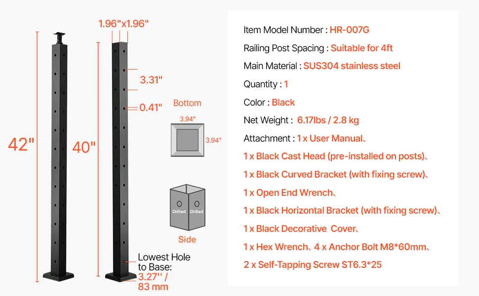 VEVOR 42x2x2 cable railing post installation and package
