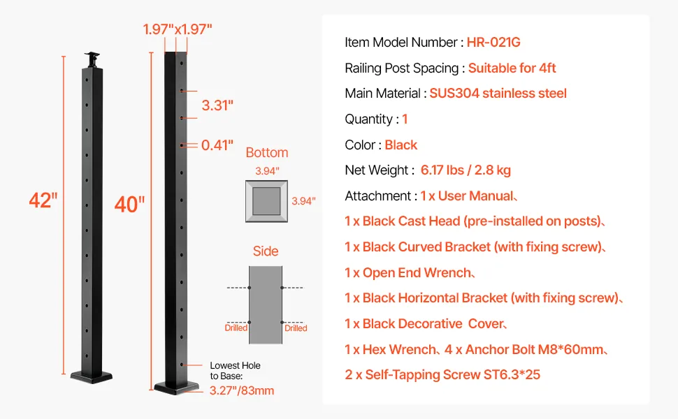 VEVOR 42x2x2 cable railing post installation and package