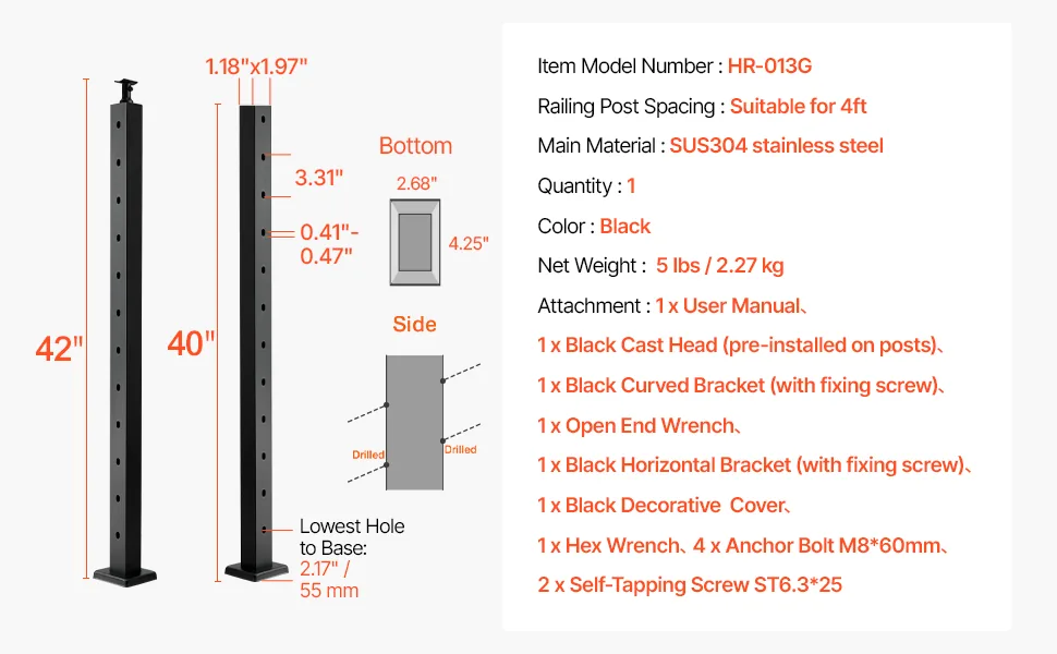 VEVOR 42x1x2 cable railing post installation and package