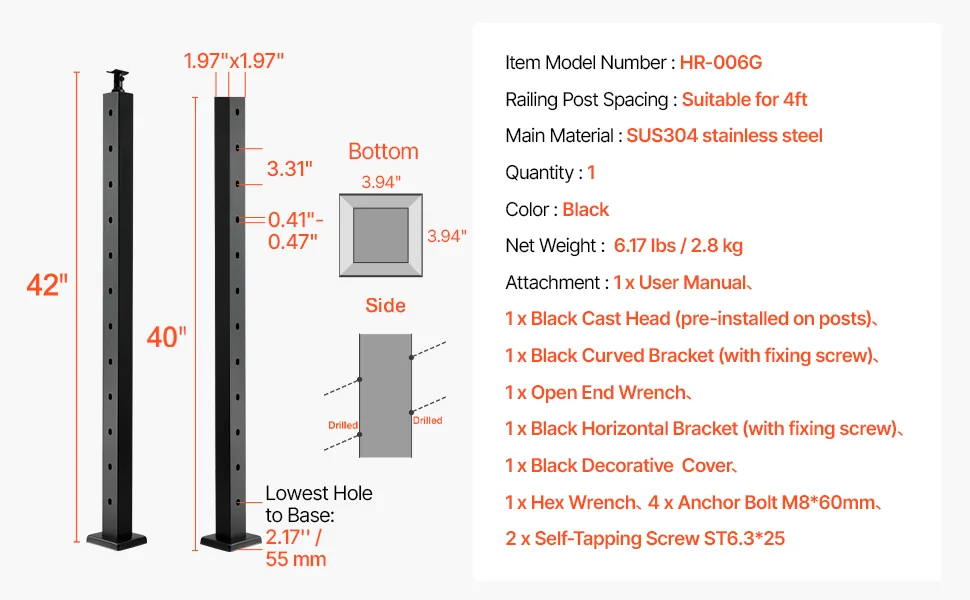 VEVOR 42x2x2 cable railing post installation and package