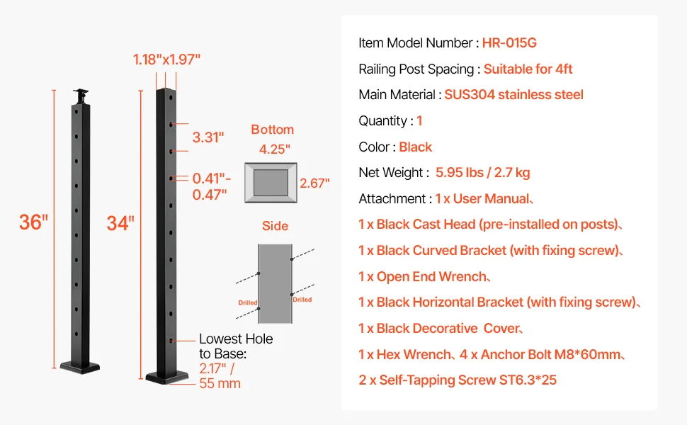 VEVOR 36x1x2 cable railing post installation and package