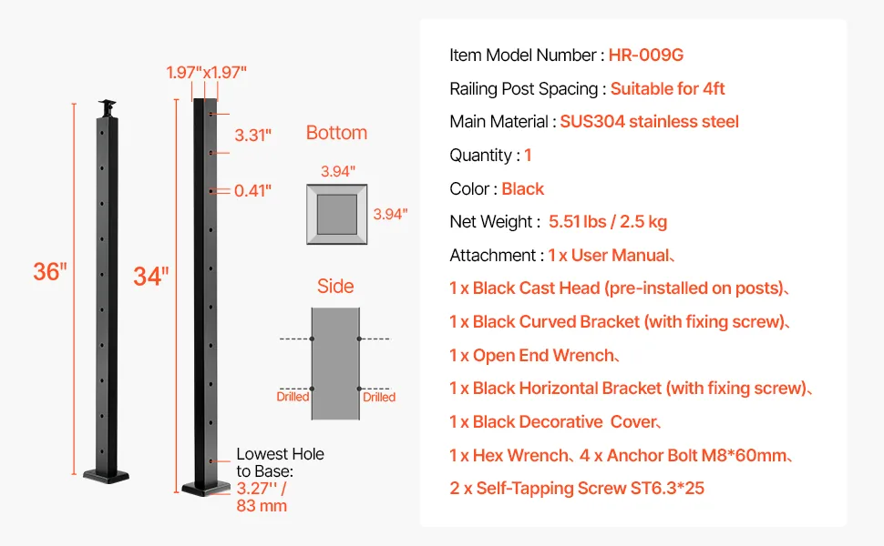 VEVOR 36x2x2 cable railing post installation and package