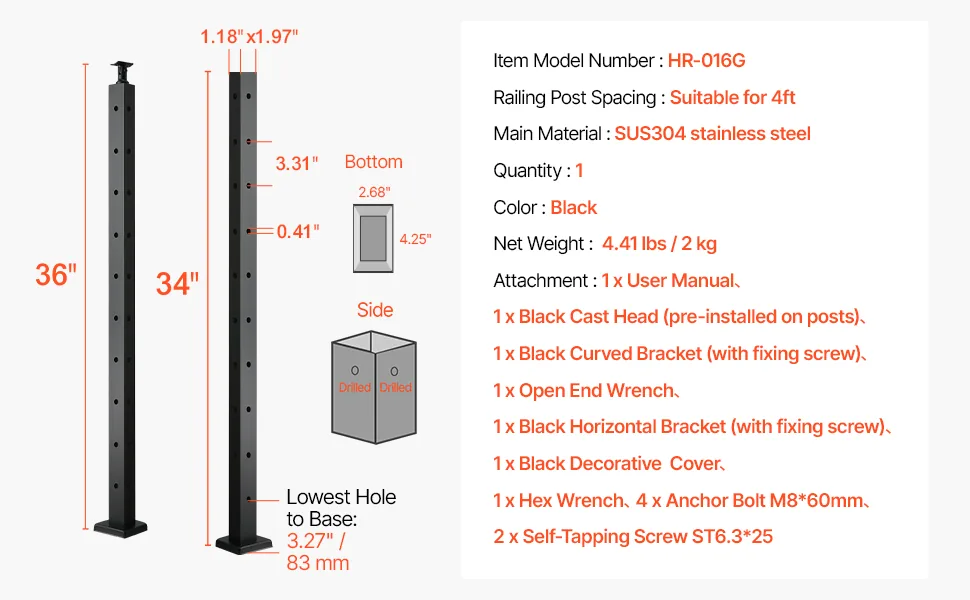 VEVOR 36x1x2 cable railing post installation and package