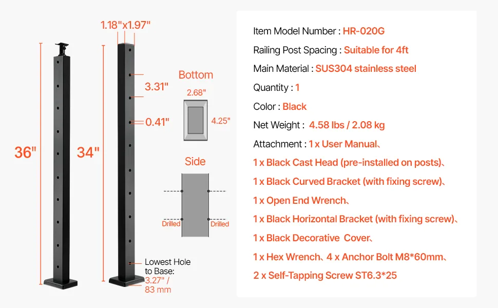 VEVOR 36x1x2 cable railing post installation and package