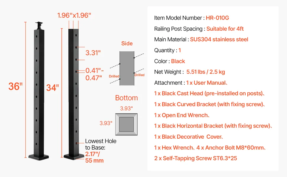VEVOR 36x2x2 cable railing post overview