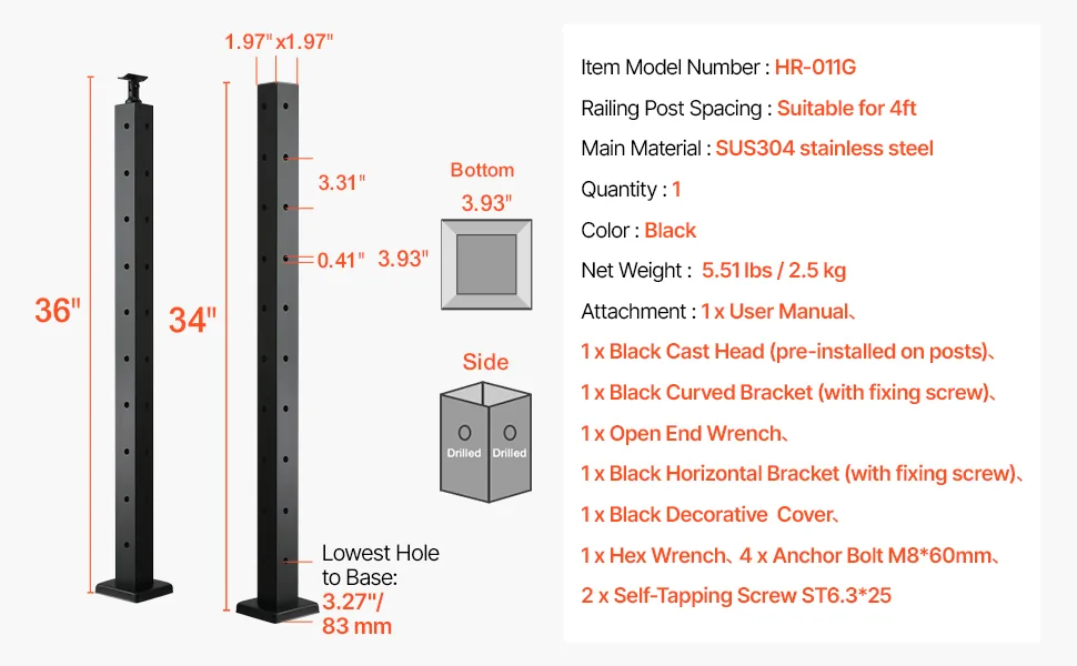 VEVOR 36x2x2 cable railing post installation and package