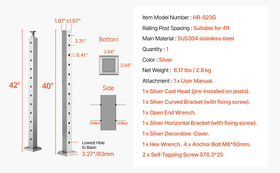 VEVOR 42x2x2 cable railing post installation and package