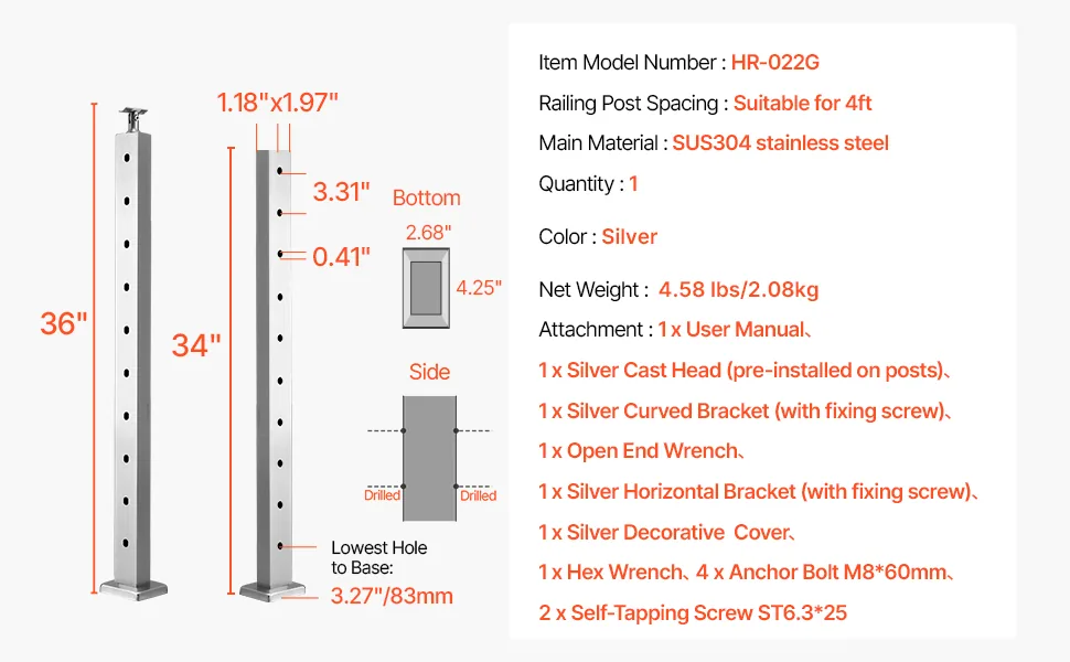 VEVOR 36x1x2 cable railing post installation and package