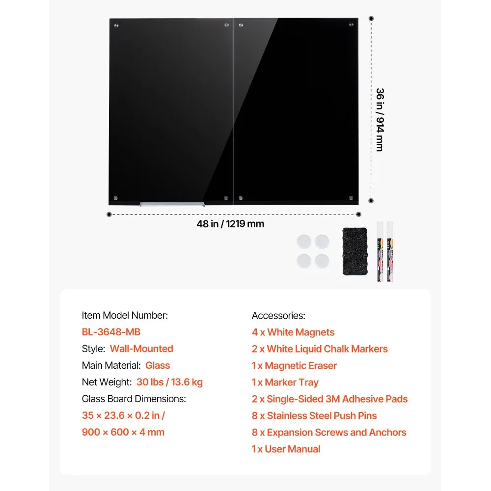 VEVOR 2 Pack 35.4 x 23.6 in Glass Dry Erase Board package contents