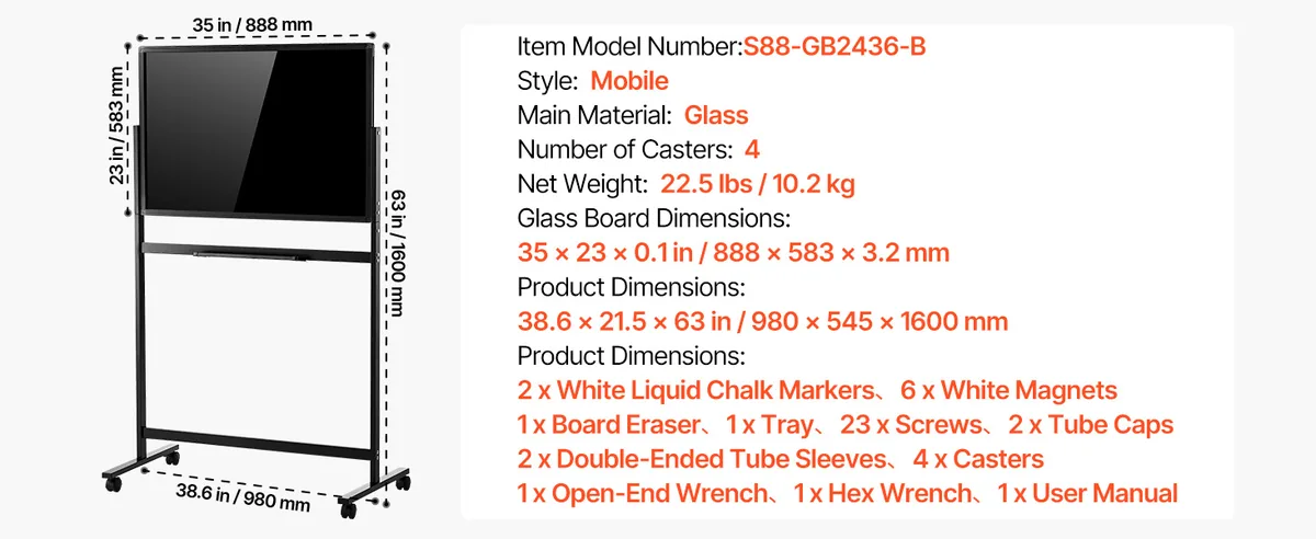VEVOR mobile glass dry erase board product details