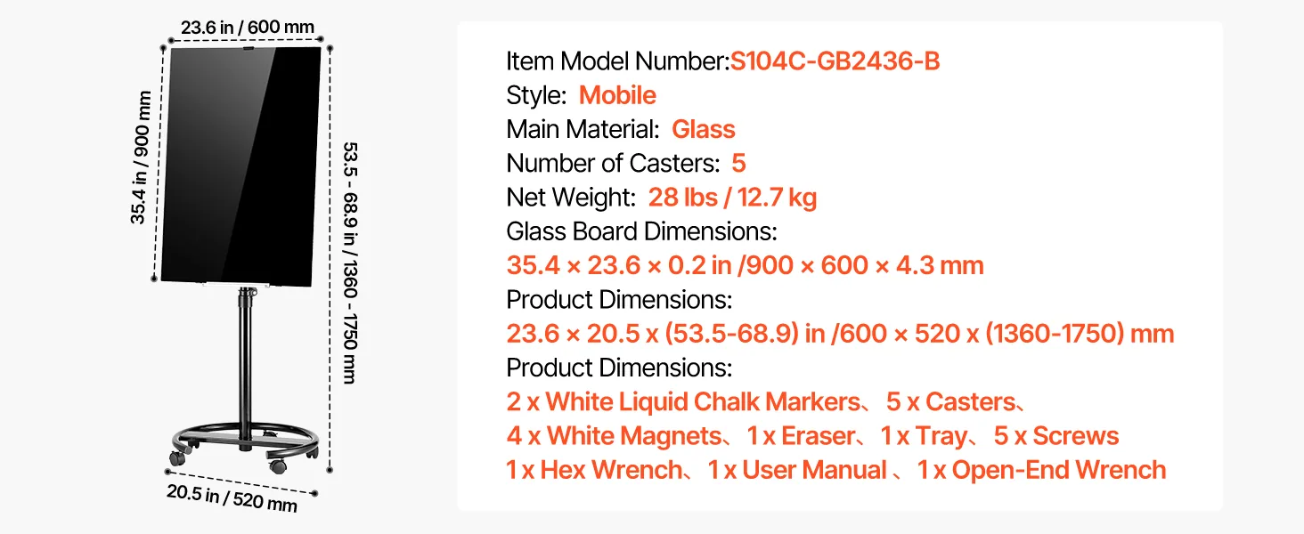 VEVOR mobile magnetic glass whiteboard product details
