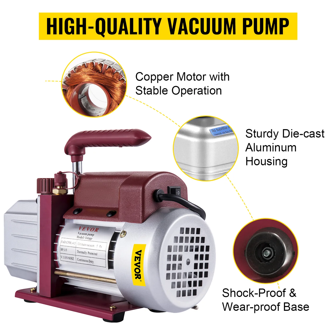 VEVOR Vacuum Pump 4.5CFM Vacuum Pump HVAC Single-Stage Rotar feature 2
