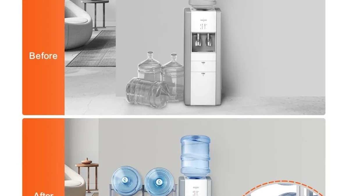 VEVOR 5-tier double-row water jug rack holding ten 5-gallon bottles beside a water dispenser in an office