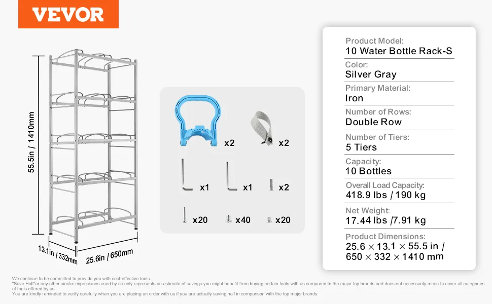VEVOR 5 Tiers Water Jug Holder 10 Buckets Silvery Gray feature 5