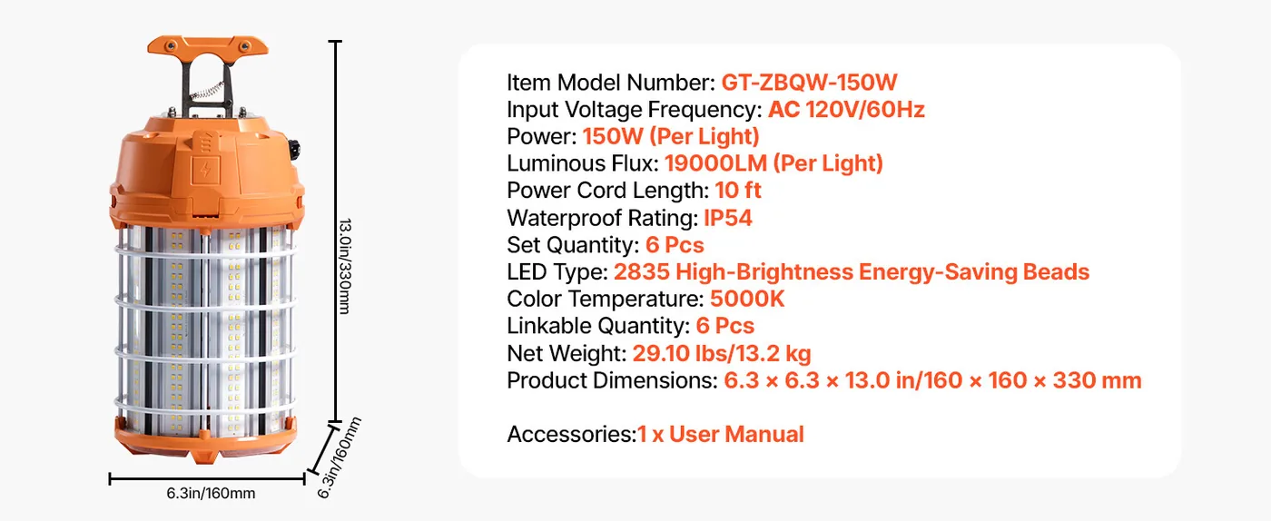 VEVOR LED Temporary Work Light 150W 6 Pack feature 5