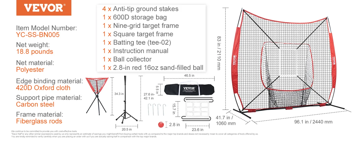 VEVOR 7x7 ft Baseball Softball Practice Net Single Hole and feature 5