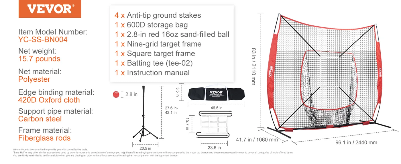 VEVOR 7x7 ft Baseball Softball Practice Net Single Hole and feature 5