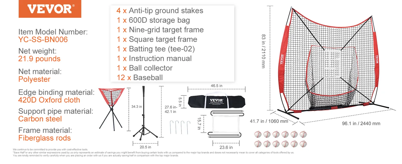 VEVOR 7x7 ft Baseball Softball Practice Net Single Hole and feature 5