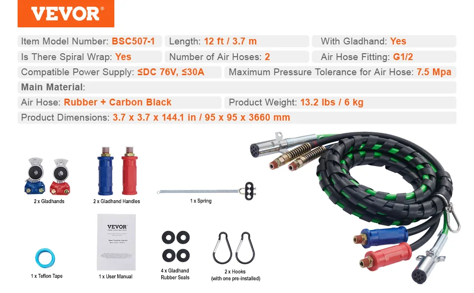 VEVOR 12FT Semi Truck Air Lines Kit with 2PCS Glad Hands feature 5