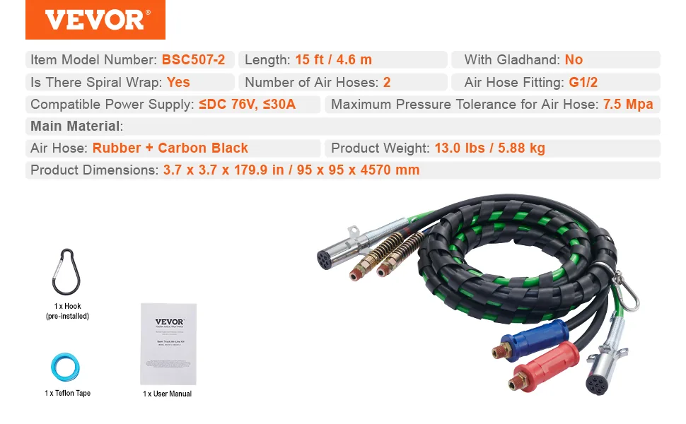 VEVOR 12FT Semi Truck Air Lines Kit 12 ft Without Gladhand feature 5