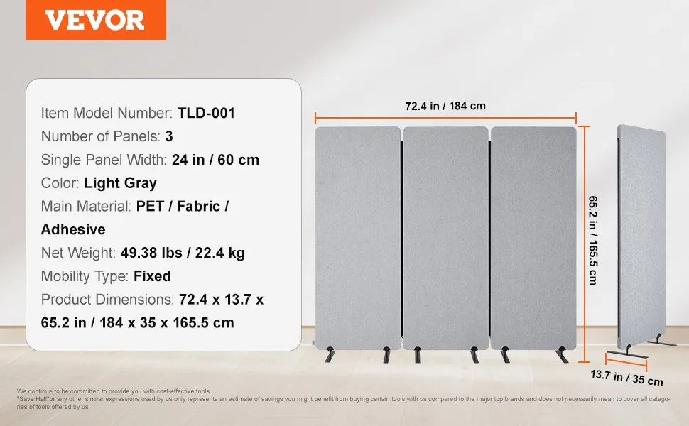 VEVOR 2FT Room Divider Light Gray PET & 3-Panels feature 5