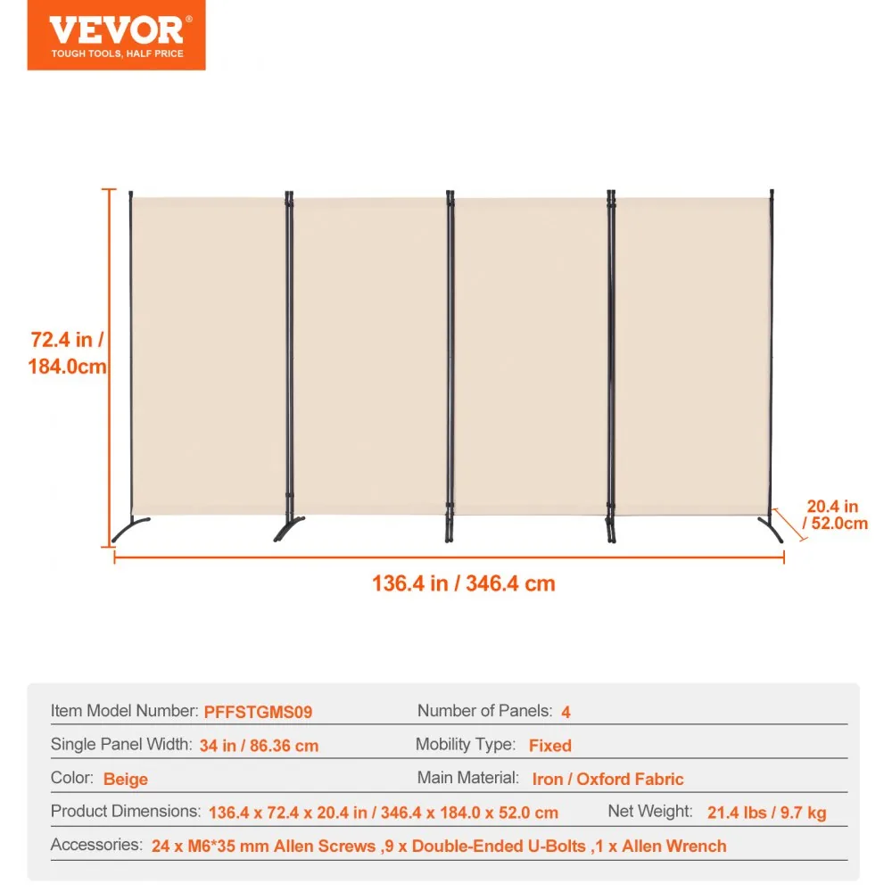 VEVOR Room Divider Beige Fabric & 4-Panels product image 7