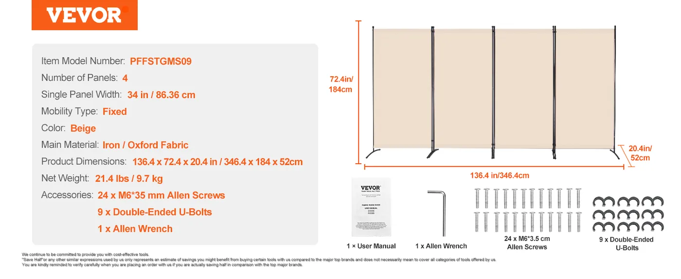 VEVOR Room Divider Beige Fabric & 4-Panels feature 5