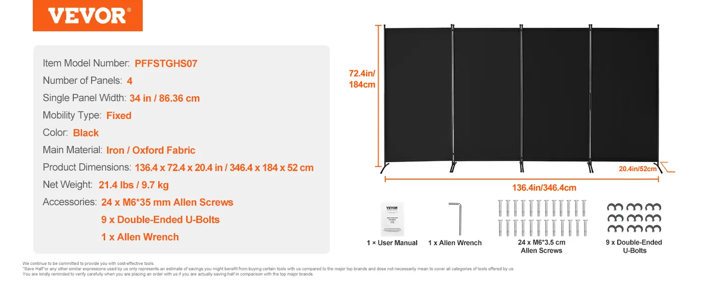 VEVOR Room Divider Black Fabric & 4-Panels feature 4