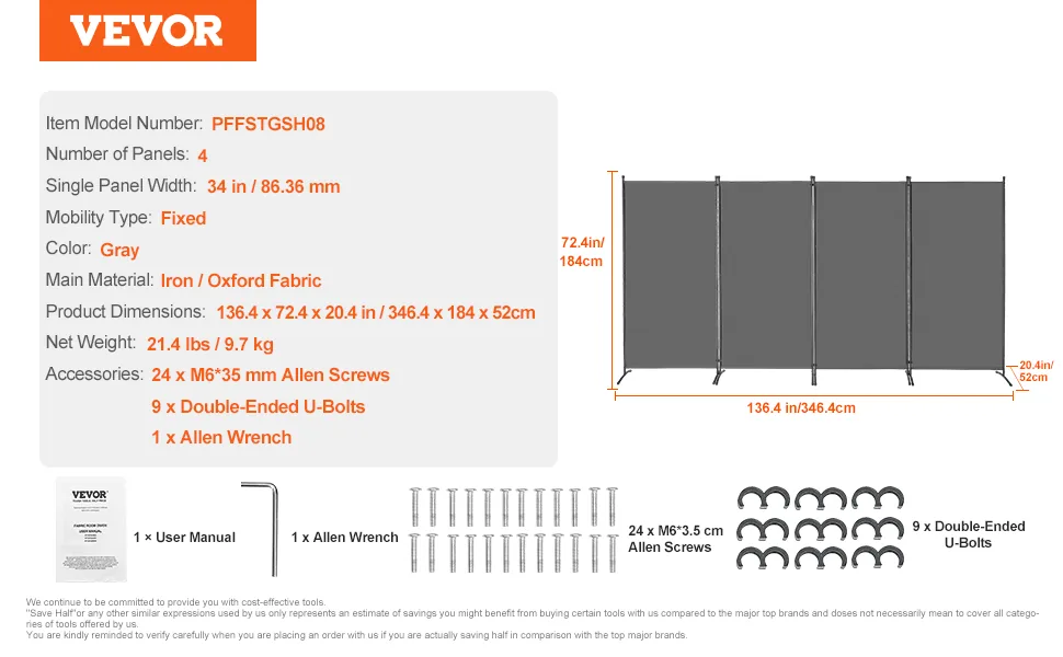 VEVOR Room Divider Gray Fabric & 4-Panels feature 5
