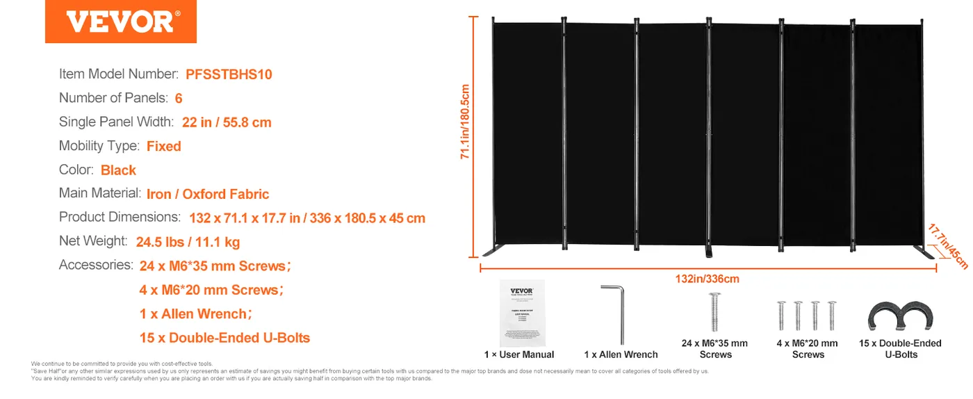 VEVOR Room Divider Black Fabric & 6-Panels feature 5