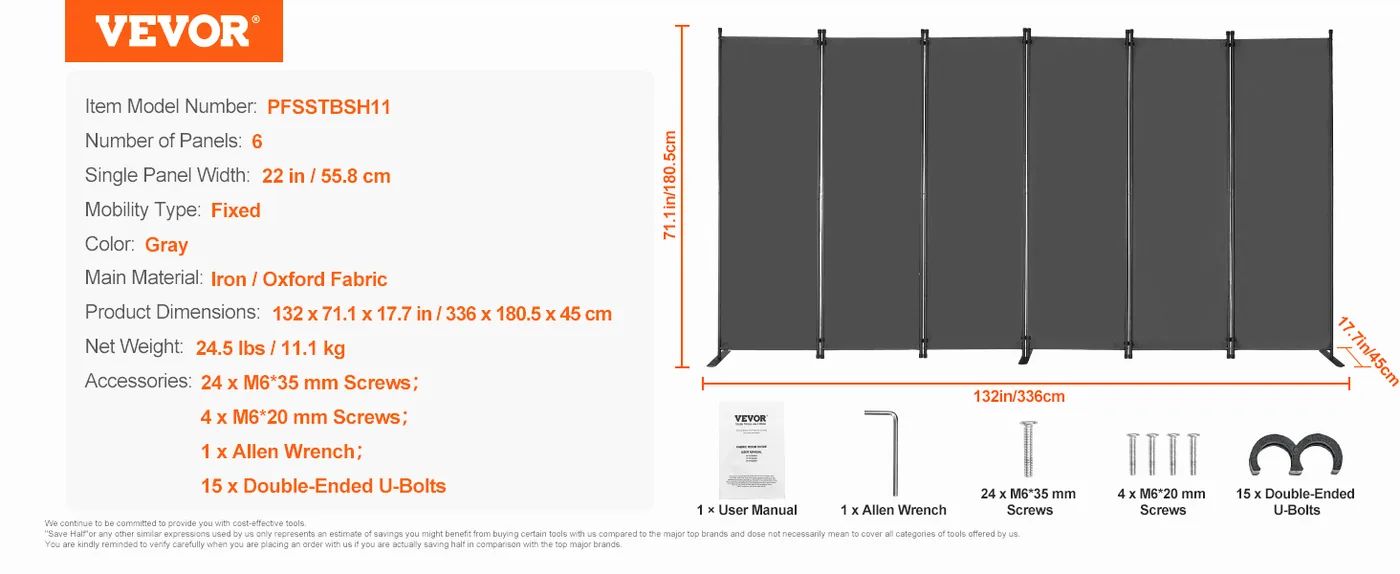 VEVOR Room Divider Gray Fabric & 6-Panels feature 5