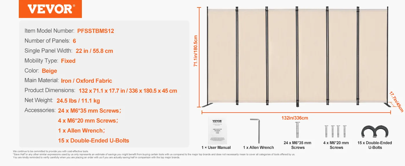 VEVOR Room Divider Beige Fabric & 6-Panels feature 5