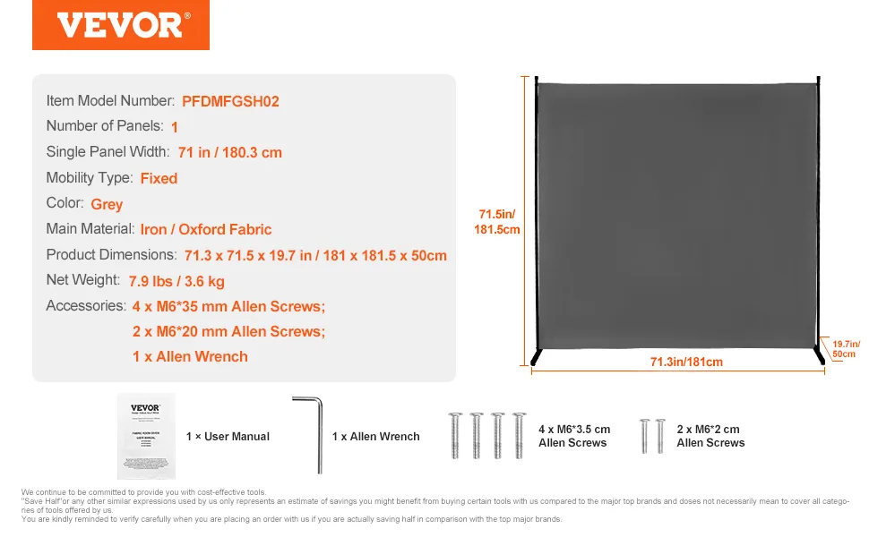 VEVOR Room Divider Gray Fabric & 1-Panel feature 5