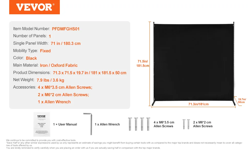 VEVOR Room Divider Black Fabric & 1-Panel feature 5