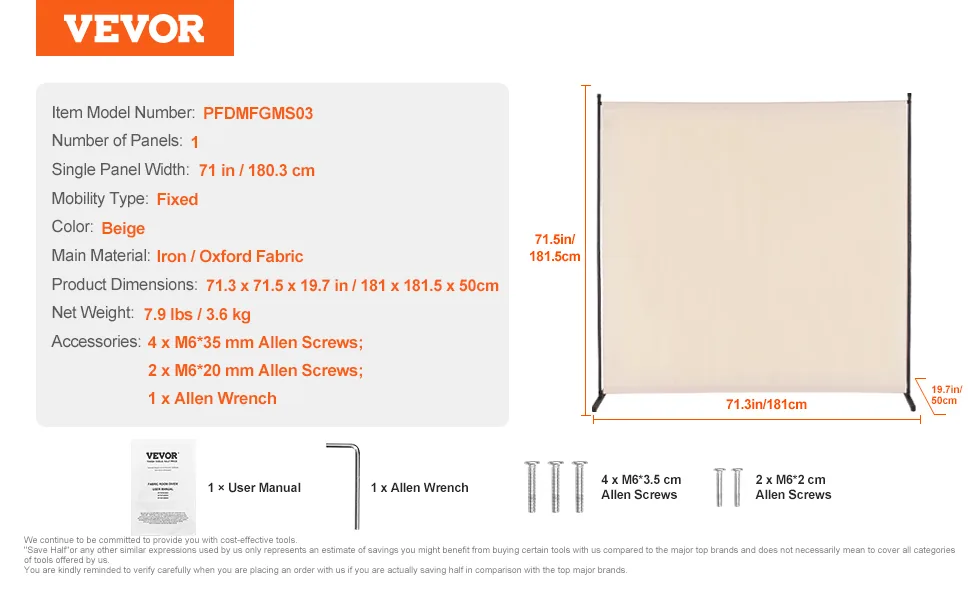VEVOR Room Divider Beige Fabric & 1-Panel feature 5