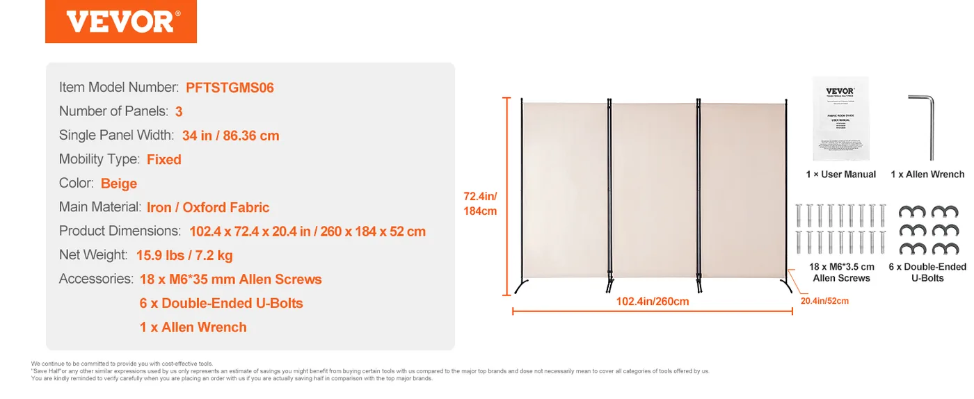 VEVOR Room Divider Beige Fabric & 3-Panels feature 5