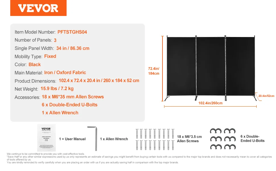 VEVOR Room Divider Black Fabric & 3-Panels feature 5