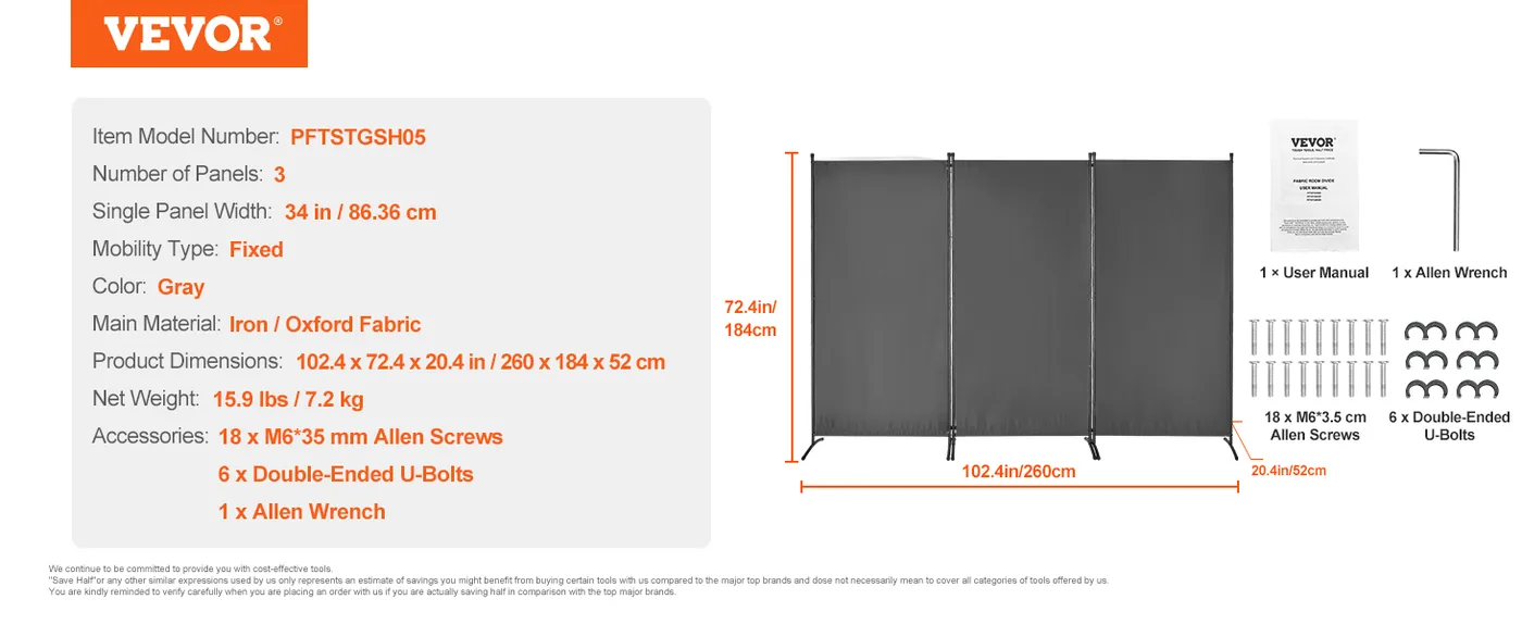 VEVOR Room Divider Gray Fabric & 3-Panels feature 5