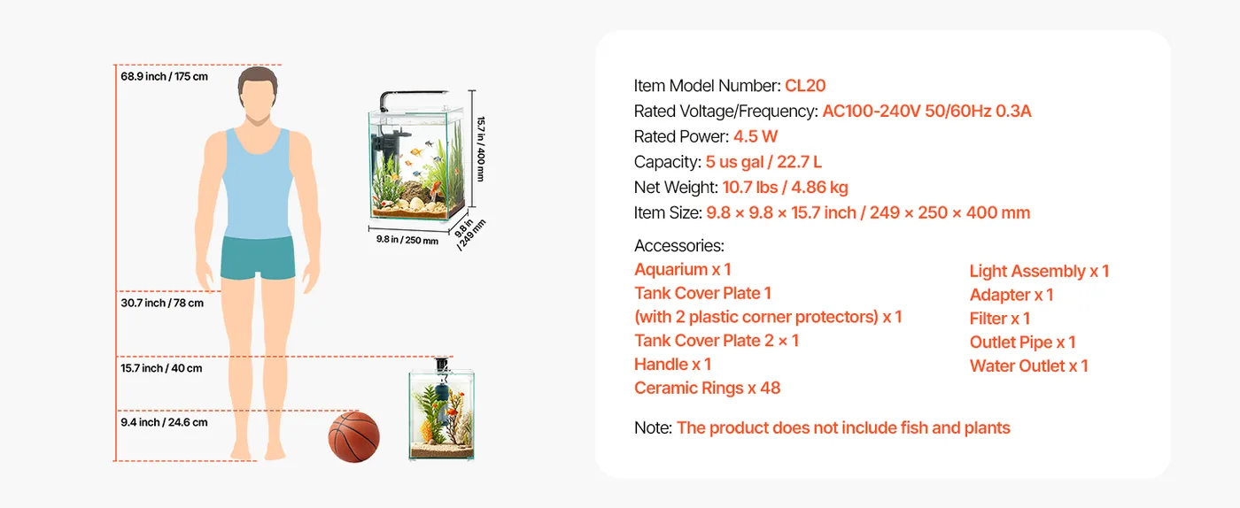 VEVOR Fish Tank Aquarium Square & 5 gal overview