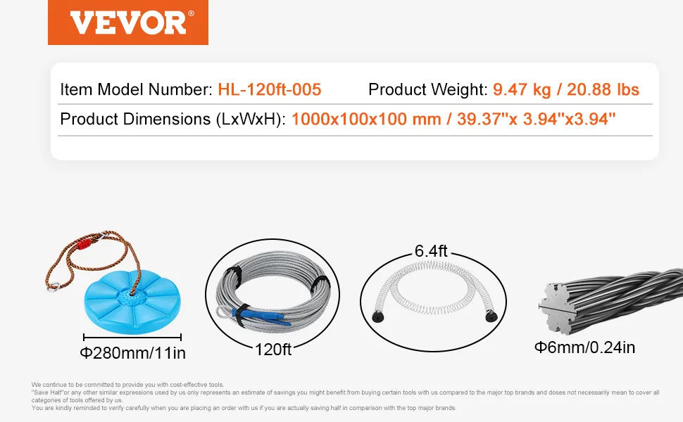 VEVOR Zipline Kit for Kids and Adult Stainless steel 120 ft feature 5