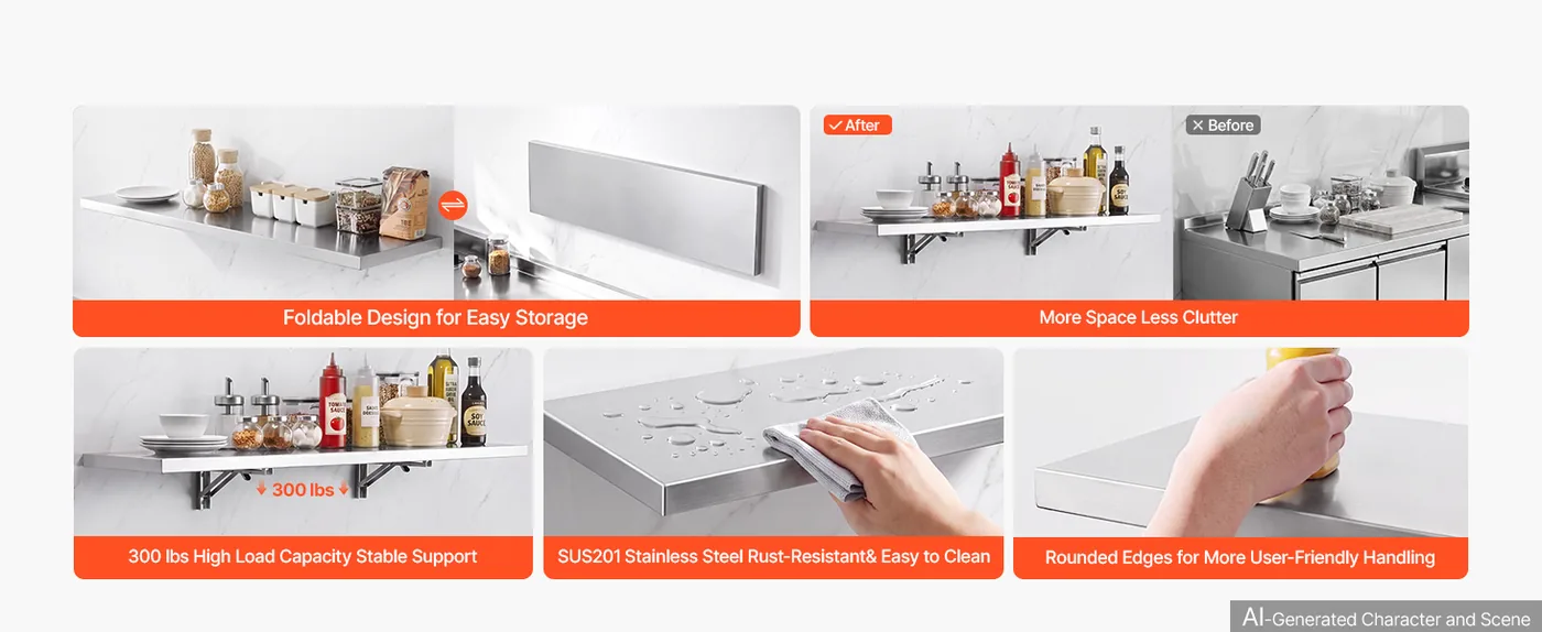 VEVOR 12 x 48 in Stainless Steel Shelf, Foldable Wall Mount Core Features