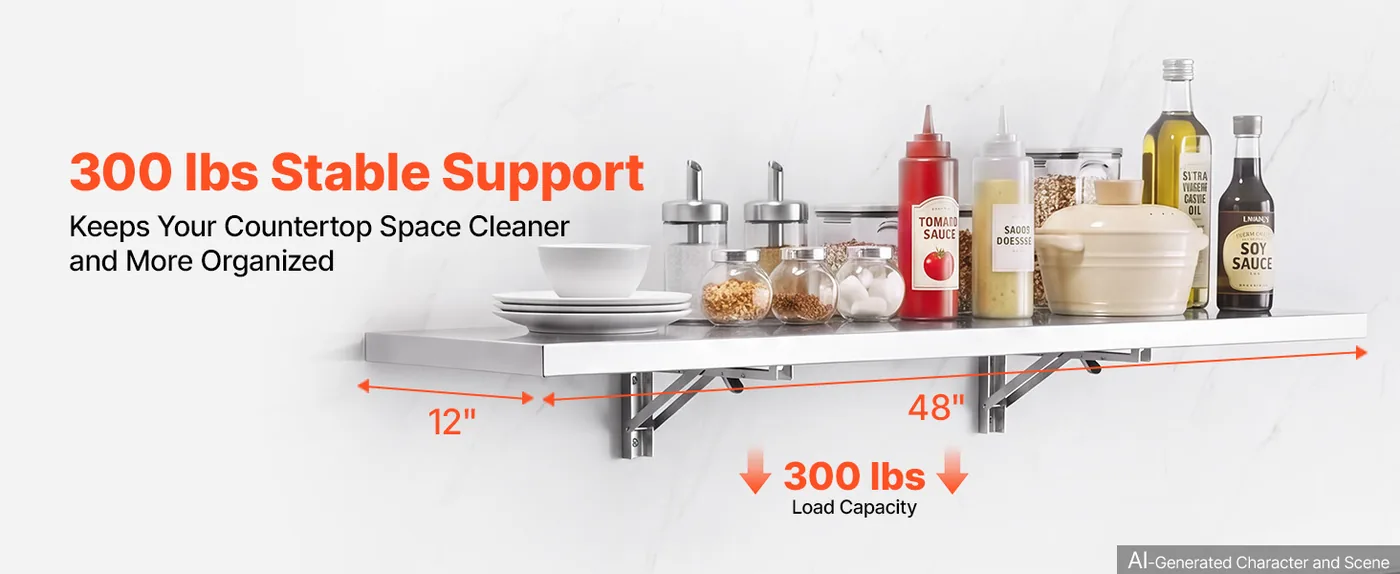 VEVOR 12 x 48 in Stainless Steel Shelf, Foldable Wall Mount Stable Support