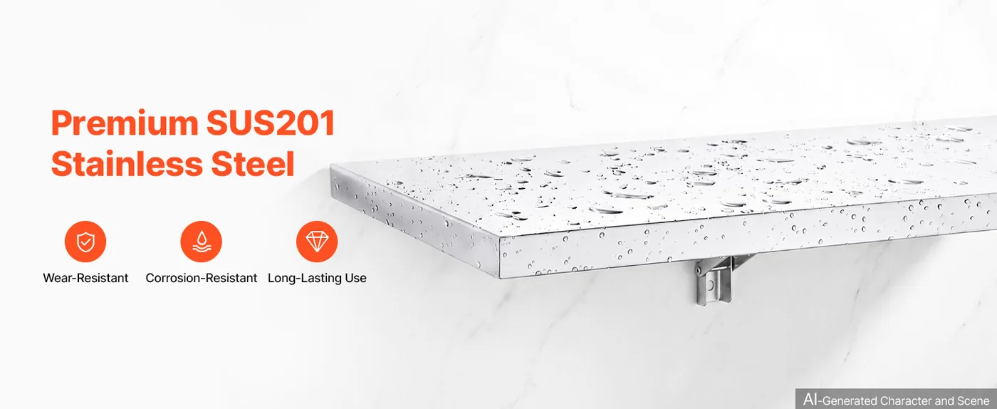 VEVOR 12 x 48 in Stainless Steel Shelf, Foldable Wall Mount Premium Stainless Steel