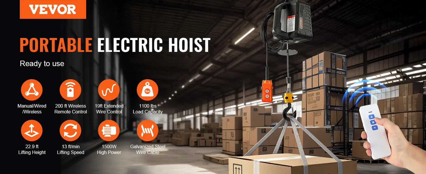VEVOR 3-in-1 Electric Hoist Winch 22.9 ft 1100 lbs Manual + overview