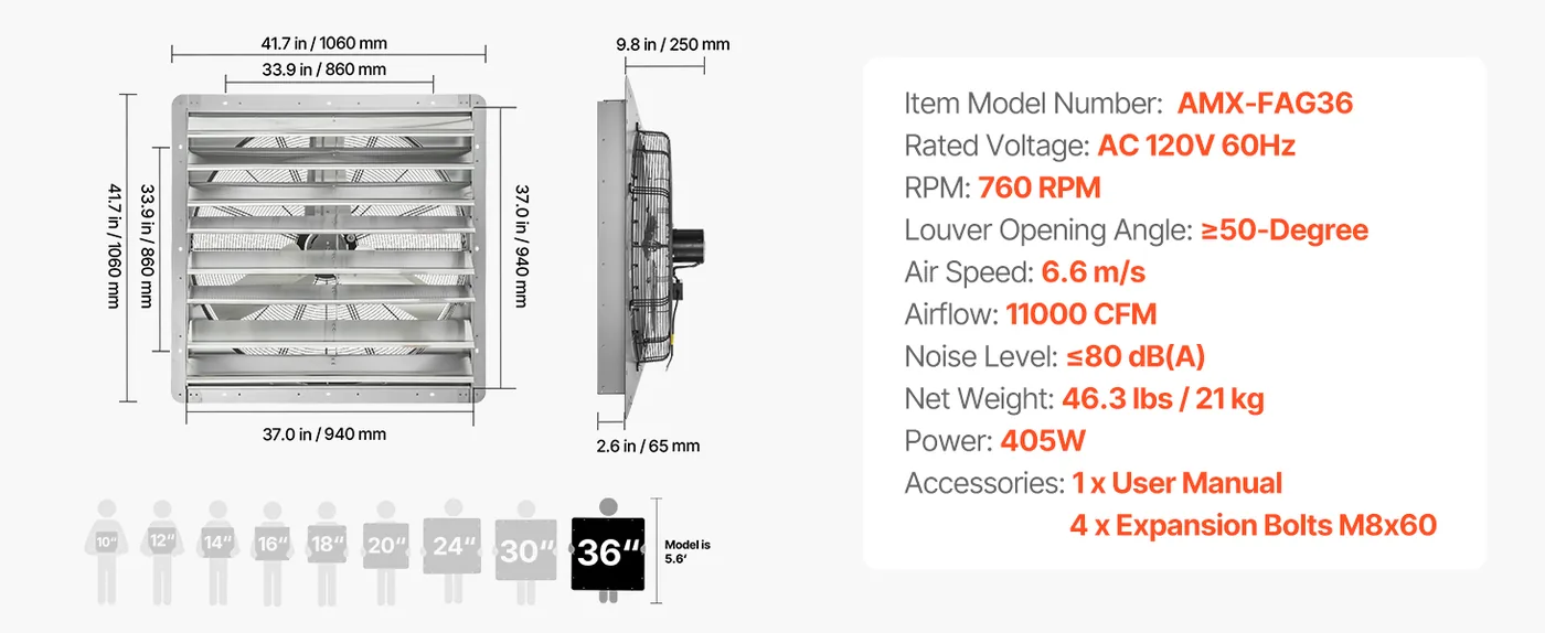 VEVOR 36 inch Shutter Exhaust Fan 36 inch/Fan Only feature 1